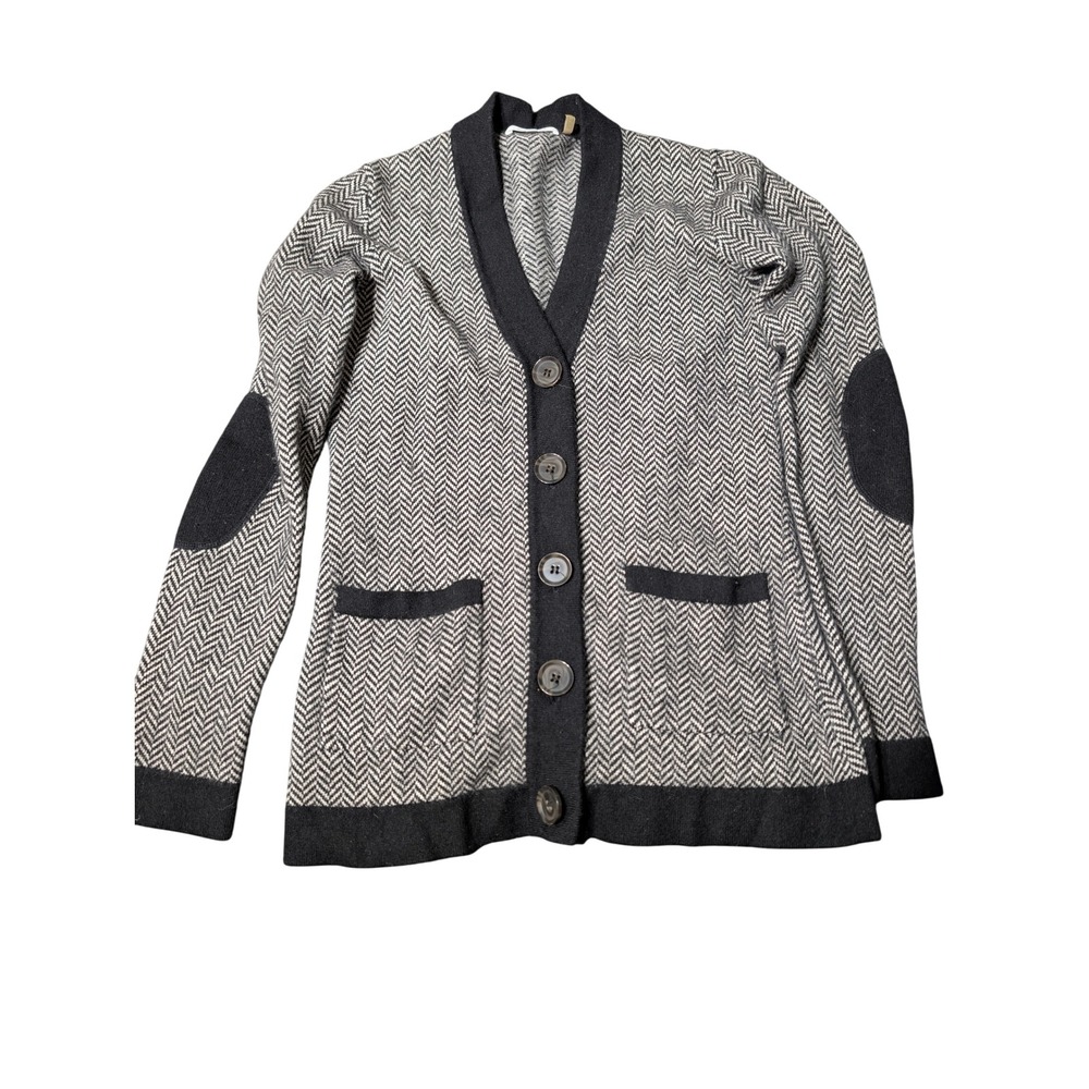Minnie Rose 100% Cashmere Cardigan Sweater Elbow Patches‎ Black White Sz S A4